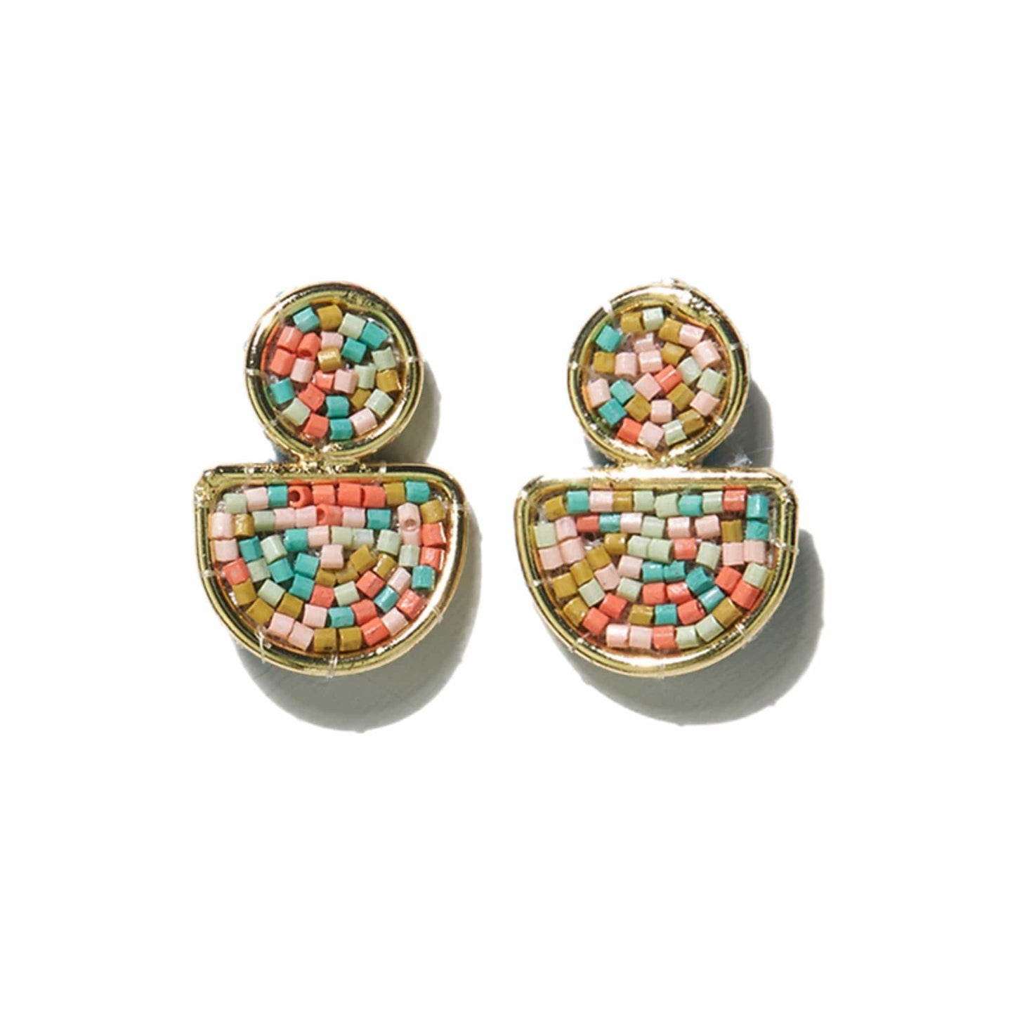 Coral Mint Confetti Beads Brass Half Circle Post Earringss Earrings