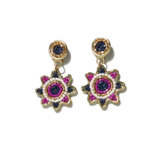 Load image into Gallery viewer, Navy Magenta Small Dot And Flower Brass Beaded Earringss Earrings
