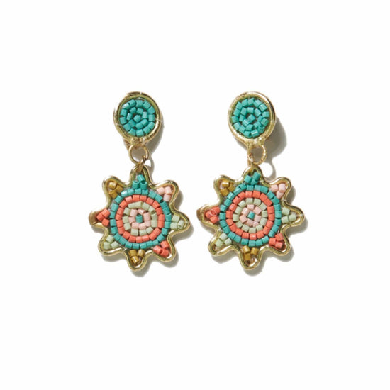 Coral Mint Small Dot And Flower Brass Beaded Earringss Earrings