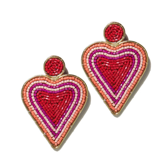 Pink Red Brass Heart Frame Beaded Post Earringss Earrings