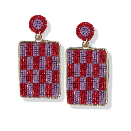 Red Beads Dangle Check Rectangle Post Earrings earrings