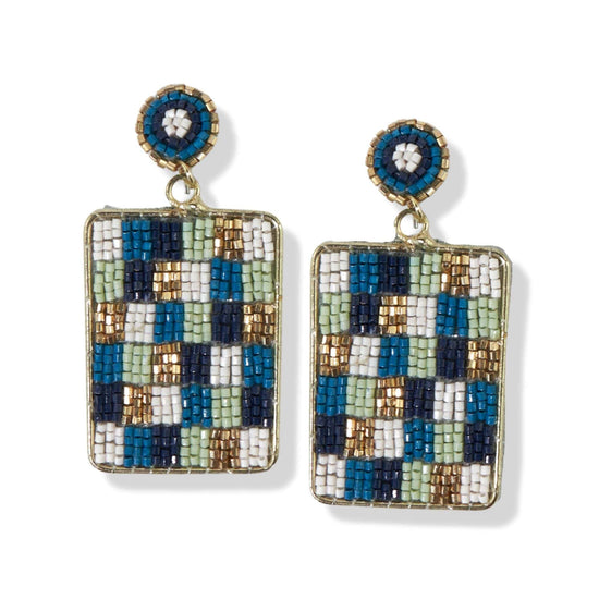 Teal Beads Dangle Check Rectangle Post Earrings earrings