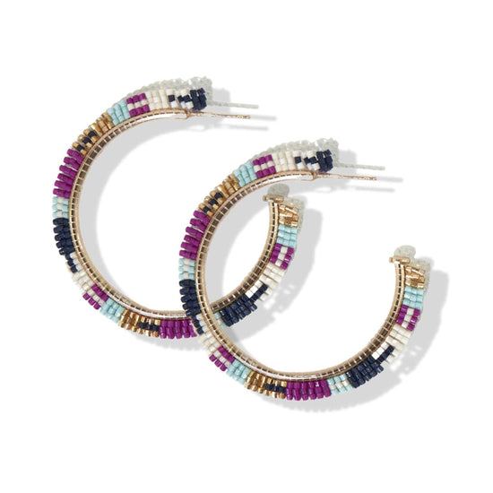Load image into Gallery viewer, Navy Magenta Stripe Beads Hoop Earringss earrings
