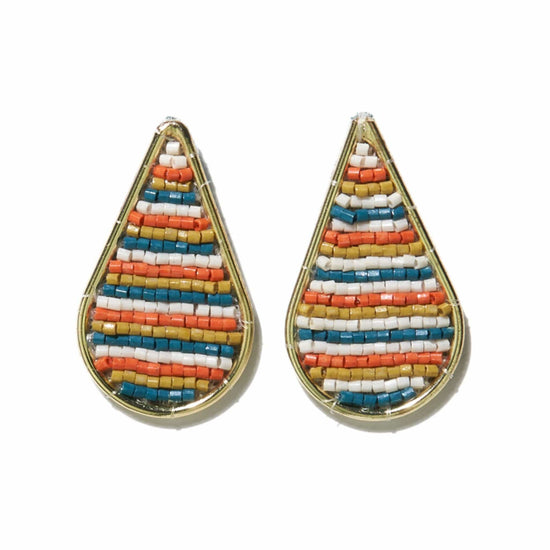 Citron Rust Stripe Bead Embroidered Drop Post Earringss Earrings