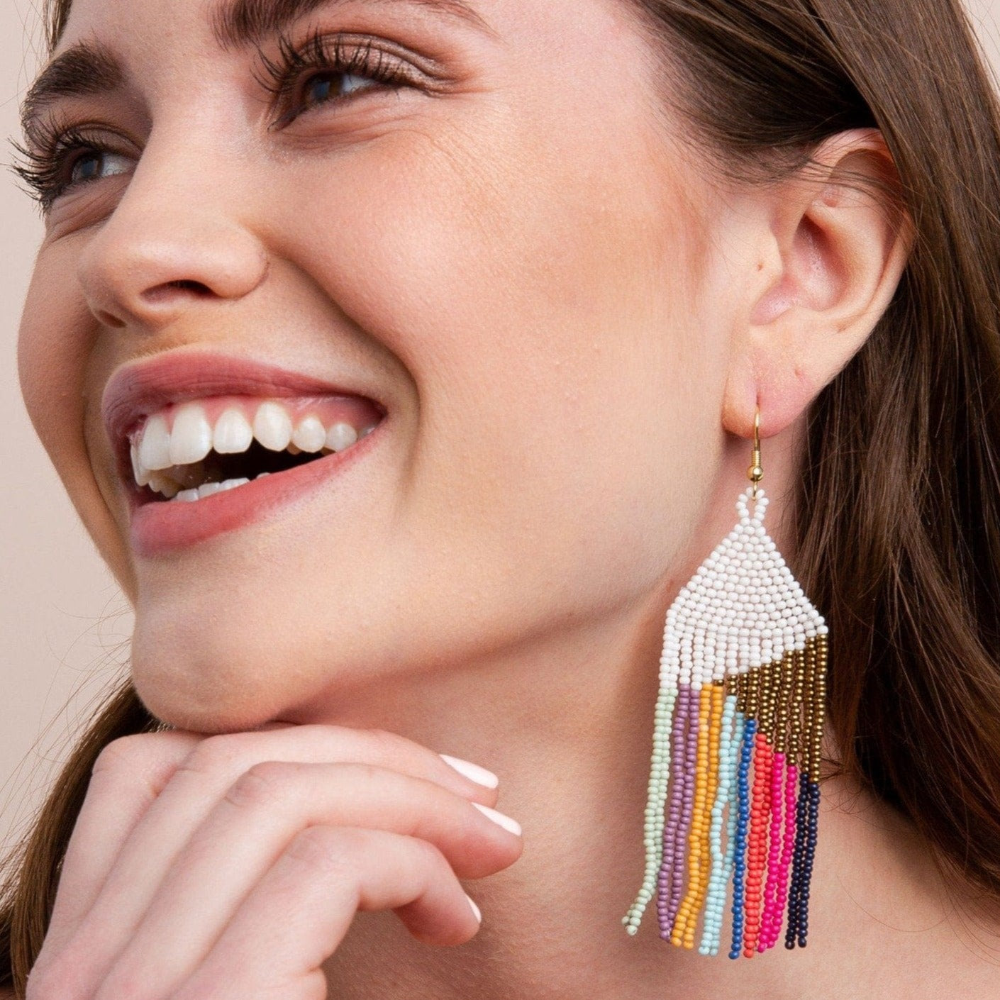 Ink + Alloy Elise Angle with Stripes Beaded Fringe Earrings Muted Rainbow