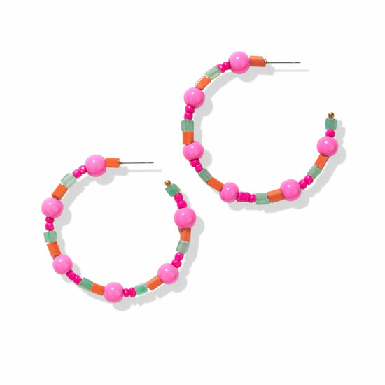 Hot Pink And Green Glass Bead Hoop Post Earringss Earrings