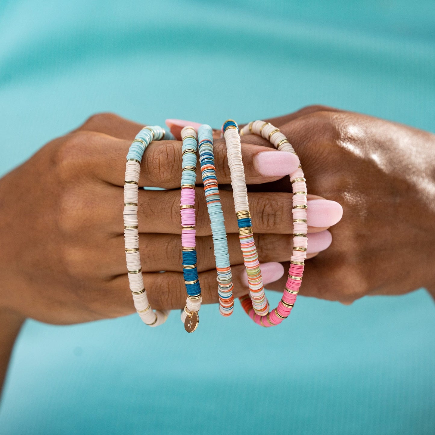 Load image into Gallery viewer, Hot Pink half and half cream sequin stretch bracelet Bracelet
