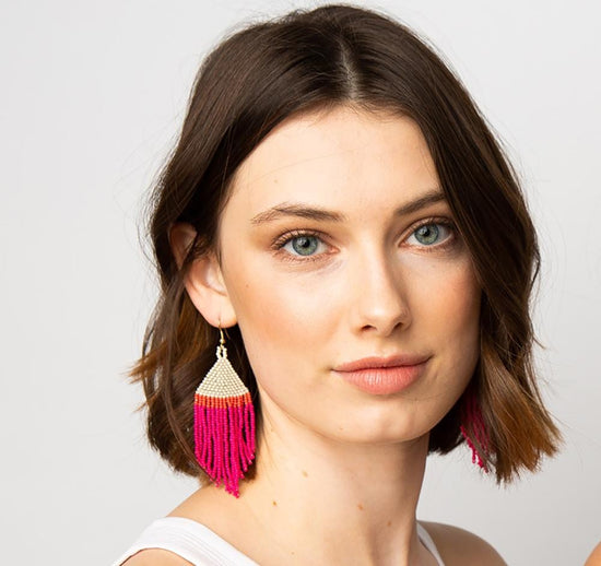 Load image into Gallery viewer, Hot Pink Ivory Coral Stripe Fringe Earrings earring

