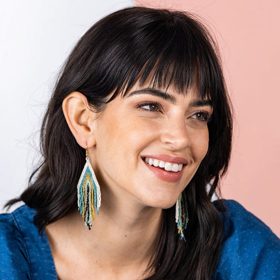 Load image into Gallery viewer, Ivory Teal Citron Mint Navy Stripe Luxe Earringss Earrings
