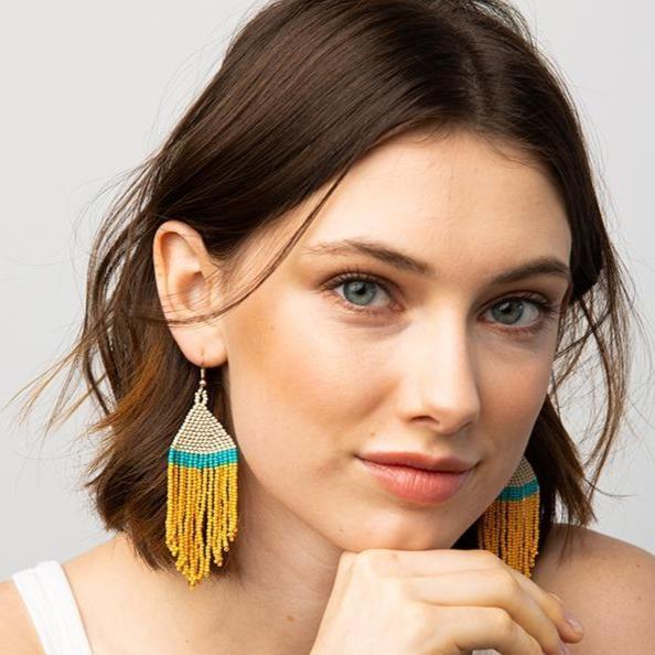 Yellow Turquoise + Ivory Stripe Fringe Earrings earring
